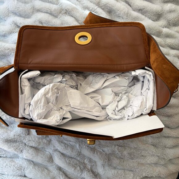 NWT Coach Turnlock Haversack Shoulder Bag Suede Warm Brown/Brass - Picture 6 of 10